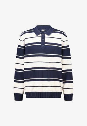 Marineblauw en crèmekleurig gestreepte langemouwen polo-trui met een dubbele knoopsluiting en geribbelde manchetten, voorzien van een zachte gebreide textuur.