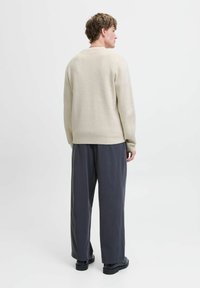 Beige gestrickter Pullover mit Rundhalsausschnitt, kombiniert mit locker sitzenden grauen Hosen und schwarzen Schuhen. Glatte Textur, lässiges Design.