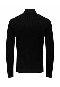 Schwarzer Kabelstrick-Pullover mit langen Ärmeln und hohem Kragen, von hinten auf weißem Hintergrund gezeigt.