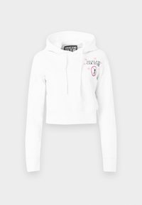Biała krótka bluza z kapturem, długimi rękawami, kapturem ze sznurkiem oraz różowym logo "Versace Jeans Couture" z gwiazdkami i emblematem meduzy na piersi.
