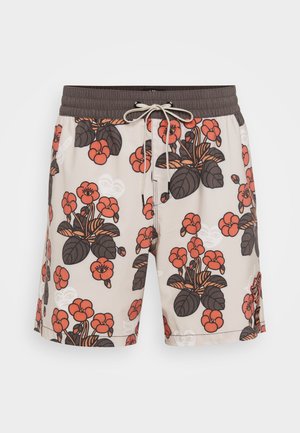 Calções de banho para homens com um fundo bege e um padrão floral em vermelho e verde escuro. Inclui um cordão oculto e cintura elástica.