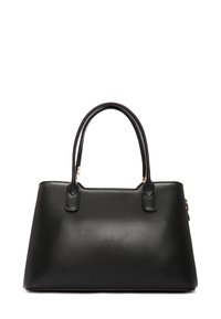 Borsa in finta pelle nera con una texture liscia, forma strutturata e due manici superiori. Presenta dettagli in hardware color oro.