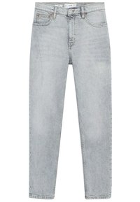 Jasnoszare dżinsy o prostym kroju nogawki, z pięcioma kieszeniami i subtelnymi detalami przeszyć. Posiadają zapięcie na guzik i zamek błyskawiczny.