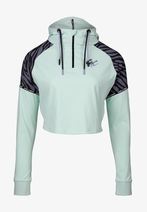 Sweat-shirt court en vert menthe avec des manches à motifs zèbre noir et gris. Il est doté d'une fermeture éclair quart de tour, d'une capuche à cordon de serrage et d'accents de logo.
