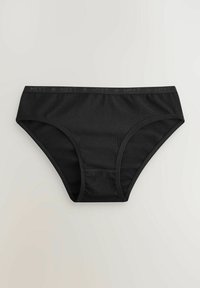 Mustat puuvillabriiffit, joissa on sileä rakenne, paksu vyötärönauha, jossa on hienovarainen logo-kuvio ja klassinen briiffimuotoilu.