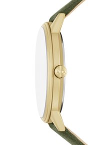 Reloj dorado con correa de tela verde, esfera redonda, cristal liso y corona de dos botones con símbolos grabados. Diseño minimalista.