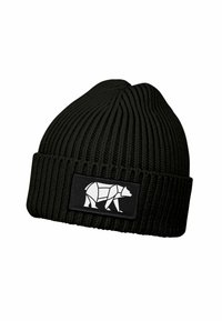 Black ribbed knit beanie with a folded cuff featuring a black patch displaying a white geometric bear design.