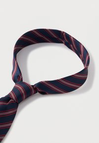 Marineblauwe stropdas met diagonaal verlopende strepen in rood en wit. Geweven stof, geknoopt aan één uiteinde, met een gladde afwerking en taps toelopend uiteinde.