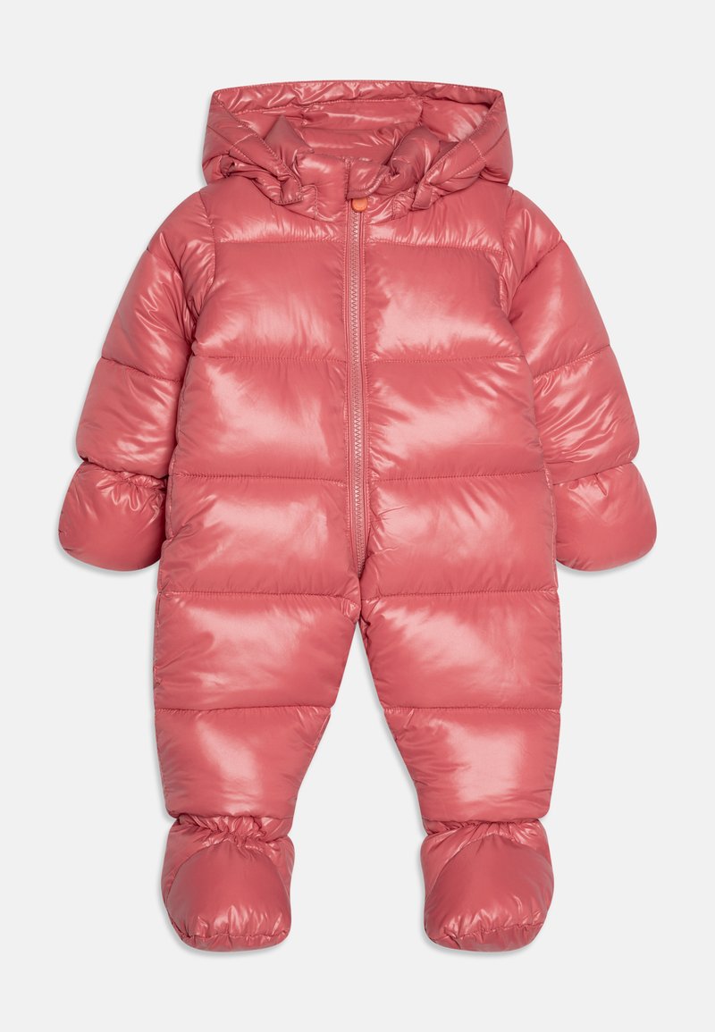Polierter, hellrosa, gepolsterter Baby-Schneanzug mit Kapuze, durchgehendem Reißverschluss sowie elastischen Bündchen und Füßen für zusätzliche Wärme.