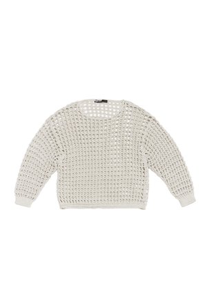 Maglione lavorato a maglia color panna con un design ampio e aperto, scollatura larga e maniche lunghe. Presenta polsini e orlo a costine.
