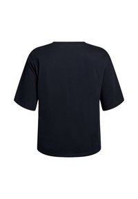 Sort bomulds T-shirt, afslappet pasform, korte ærmer, rundt halsudskæring, glat tekstur, ingen synlige grafik eller mønstre, ensfarvet.
