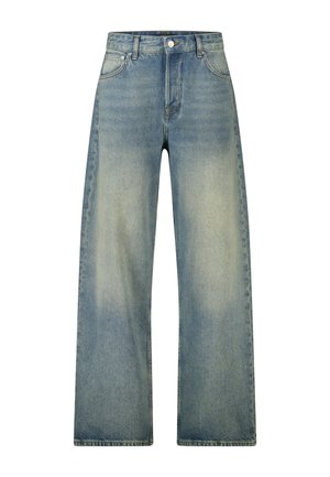 Blauwe jeans met hoge taille en wijde pijpen met uitgebleekte wassing, vooraan knoop, rits en twee voorzakken.