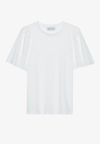 White t-shirt with short flared sleeves featuring a broderie anglaise pattern. Smooth fabric and classic crew neckline.