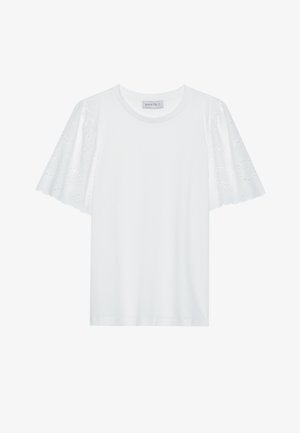 White t-shirt with short flared sleeves featuring a broderie anglaise pattern. Smooth fabric and classic crew neckline.
