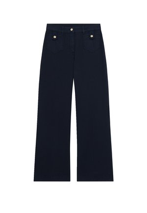 Donker marineblauwe wijde broek met hoge taille, twee voorzakken met klep en gouden knopen, en een centrale knoopsluiting.
