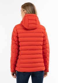 Rød pufferjakke med hætte, med horisontale quiltede sektioner, en glat tekstur og en lynlåslukning. Synlig logo på ærmet.