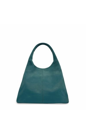 Sac à main en cuir bleu sarcelle avec une anse large et arrondie et un design minimaliste, présenté de face sur un fond blanc uni.