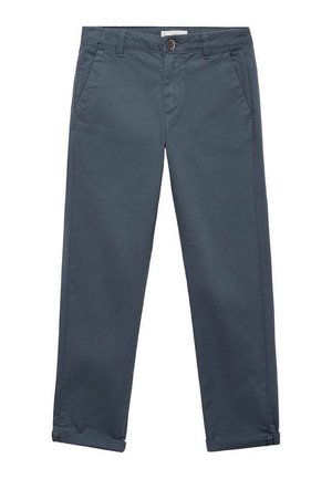 Mörkblå byxor i bomullstyg med rak benmodell, framfickor och en knappstängning i midjan. Vikta fållar.