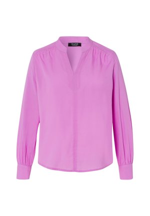 Langärmlige, rosa Bluse mit Notch-Kragen, elastischen Bündchen und dezentem Raffungdetail an den Schultern. Glattes Material, klassische Passform.