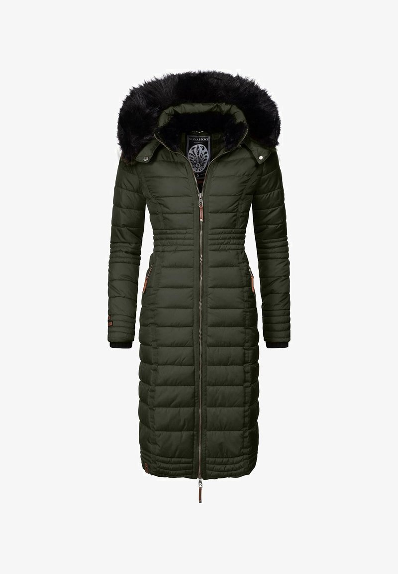 Long olive green quilted winter coat with a front zipper and black faux fur-trimmed hood, shown against a white background.