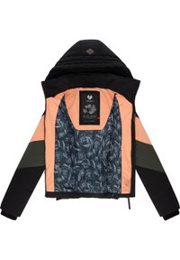 Giubbotto in piuma nero e pesco con fodera interna a fantasia floreale, dotato di cappuccio e design a pannelli multipli in verde e nero.