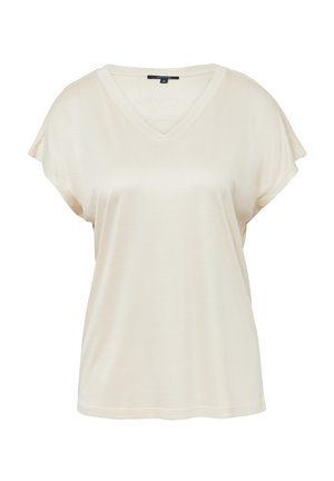 Beżowa koszulka z krótkim rękawem i dekoltem w kształcie litery V, wykonana z miękkiej, gładkiej tkaniny. Posiada luźny krój oraz subtelne detale przeszycia wzdłuż dolnej krawędzi.