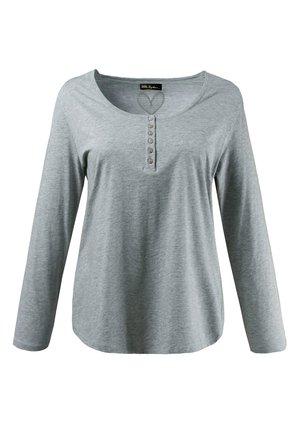 Szary longsleeve z miękkiego materiału, z okrągłym dekoltem i zapięciem na guziki z pięcioma okrągłymi guzikami.