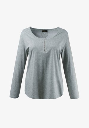 Gray long-sleeve shirt made of soft fabric, featuring a rounded neckline and a button-up placket with five round buttons.