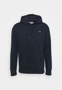 Felpa con cappuccio blu navy realizzata in morbido misto cotone. Presenta una tasca a marsupio e un piccolo logo sul petto. Vestibilità classica con polsini a costine.