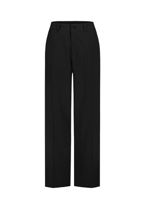 Schwarze gerade geschnittene Hose mit flachem Frontschnitt, Knopfverschluss, Gürtelschlaufen und strukturierter Stoffoberfläche. Geeignet für formelle Anlässe.