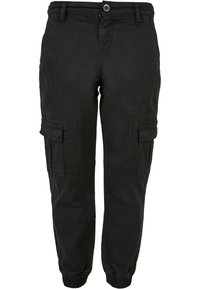 Svart cargo-bukser laget av en blanding av glatt og teksturert stoff. Har elastiske mansjetter, flere sidelommer og knappeåpning.
