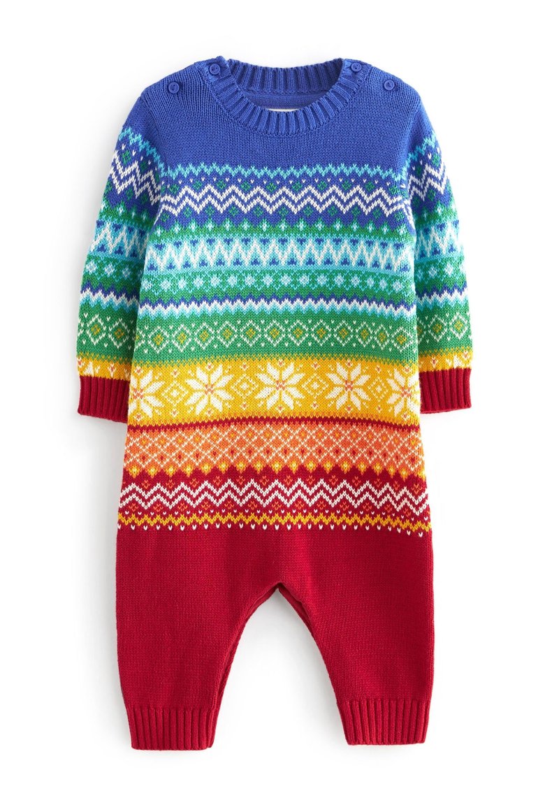 Monederito de punto con rayas azules, verdes, amarillas y rojas con patrones geométricos, mangas largas y detalles de botones en el hombro.