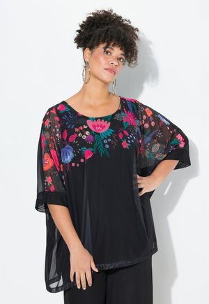 Schwarze Bluse mit lockerer Passform, ausgestattet mit buntem Blumenstickerei in rosa, rot, blau und grün. Leichtes, durchsichtiges Material.