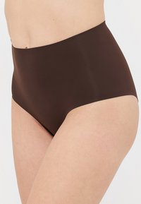 High-waisted briefs in dark brown, made of smooth fabric. The design features a seamless finish with no visible seams or patterns.