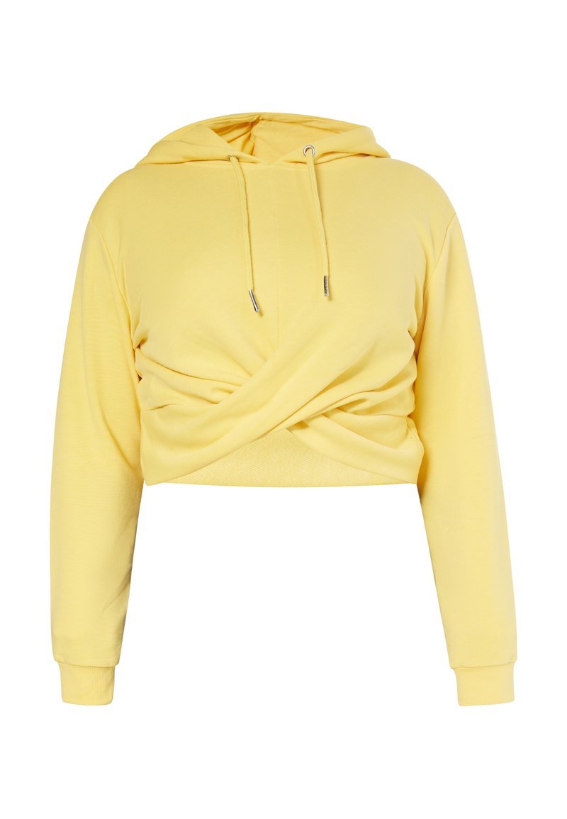 Sudadera amarilla corta con mangas largas, que cuenta con un capucha con cordón y un diseño frontal retorcido. Textura de tela suave con una apariencia ligera.