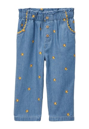Pantalon enfant bleu clair avec des fleurs jaunes brodées, taille élastique, trois boutons devant et bord festonné sur les poches.