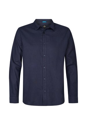 Navyblaue Langarmbluse aus Baumwolle mit Knopfverschluss, klassischem Kragen und geknöpften Manschetten mit strukturierter Oberfläche.