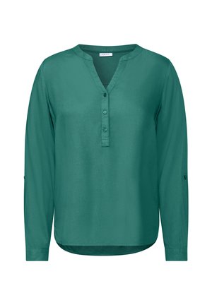 Groen, langarm shirt met een knoopsluiting en een V-hals. Het heeft een gladde textuur en een afgeronde zoom, met verstelbare manchetten.