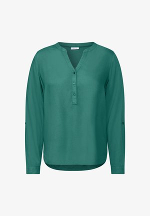 Camicia verde a maniche lunghe con una patta abbottonata e scollatura a V. Presenta una superficie liscia e un orlo arrotondato, con polsini regolabili.