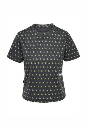 Zwart shirt met korte mouwen en groene fiets patronen. Ronde halslijn en een comfortabele pasvorm. Gemaakt van ademend materiaal. Logo aan de zijkant.