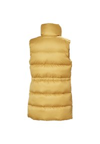 Žlutá puffer vesta bez rukávů s vysokým límcem, prošívaný design a hladká tkanina. Má mírně zpevněný pas a zaoblený lem.