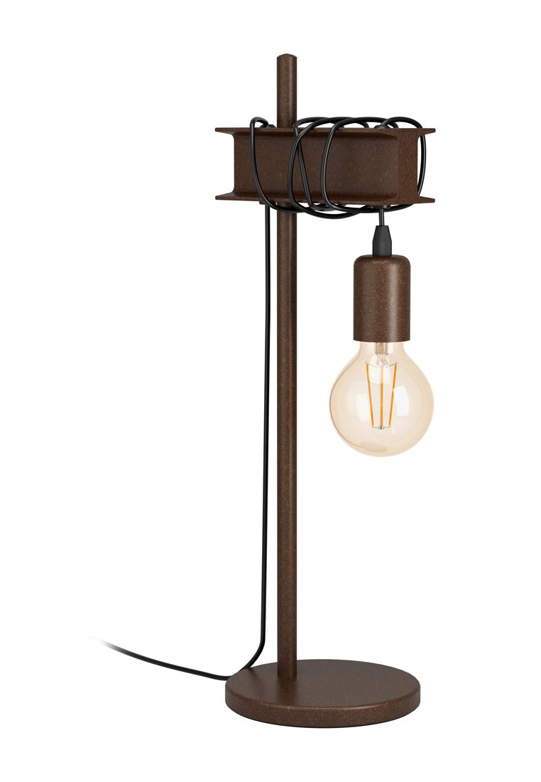 Braune Metall-Tischlampe mit einem runden Sockel, schlanker vertikaler Stange und einer freiliegenden Glühbirne. Ein flexibles schwarzes Kabel windet sich um die Oberseite.