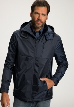 Navy waterproof jacket with a hood, featuring a zippered front, side pockets, and a smooth texture. Includes ventilation and adjustable accents.