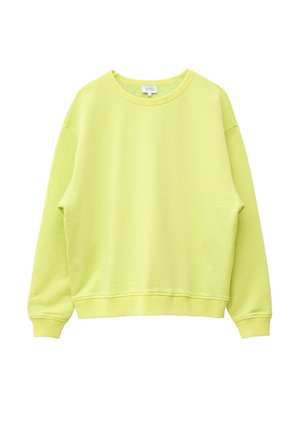 Šviesiai žalias megztinis su apvalia iškirpte, ilgomis rankovėmis ir briaunuotais rankogaliais bei apačia, guli ant balto fono.