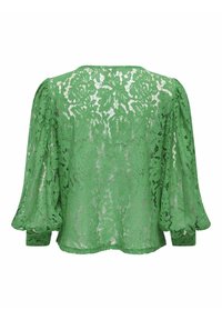 Blouse en dentelle florale verte avec manches longues bouffantes et poignets boutonnés, vue de dos sur fond blanc.