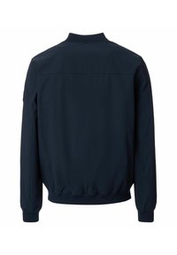 Marineblau Bomberjacke mit geripptem Kragen und Bündchen, elastischem Saum und glattem Stoff. Keine sichtbaren Marken oder Verzierungen.