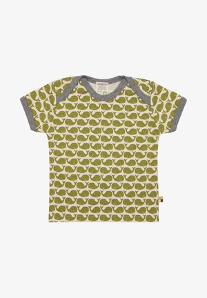 Korte mouwen shirt van biologisch katoen met een herhalend groen walvispatroon op een roomkleurige achtergrond, met een grijze halslijn en mouwmanchetten.