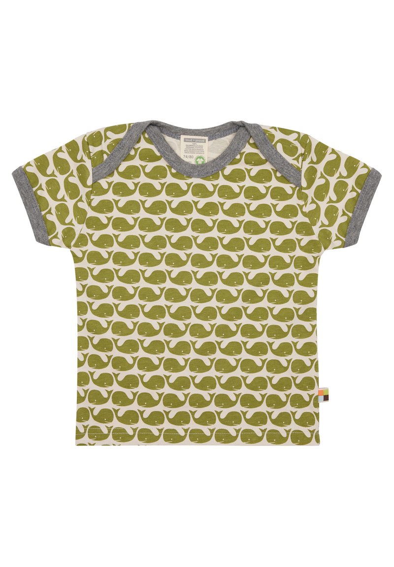 Korte mouwen shirt van biologisch katoen met een herhalend groen walvispatroon op een roomkleurige achtergrond, met een grijze halslijn en mouwmanchetten.