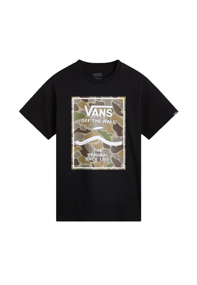 Černé tričko s krátkým rukávem s maskáčovým potiskem, nápisem "VANS" a designem skateboardu v bílé barvě; vyrobeno z bavlny.