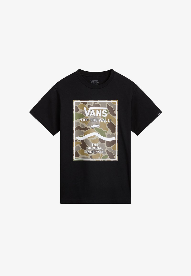Černé tričko s krátkým rukávem s maskáčovým potiskem, nápisem "VANS" a designem skateboardu v bílé barvě; vyrobeno z bavlny.